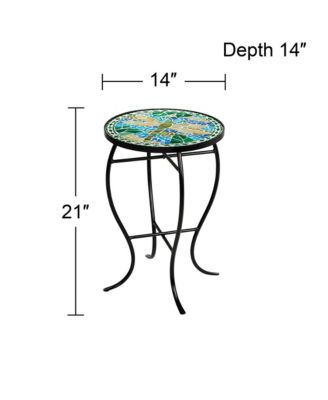 Dragonfly Scene Black Metal Round Outdoor Accent Side Tables 14" Wide Set of 2 Blue Mosaic Tile Tabletop Gracefully Curved Legs Spaces Porch Patio Home House Balcony Deck Shed - Teal Island Designs