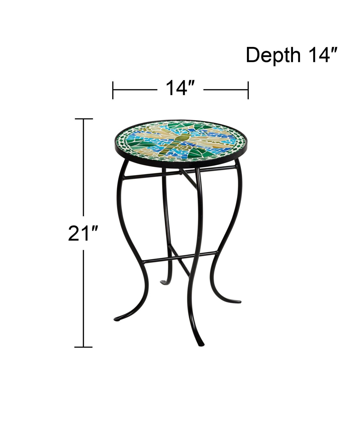 Dragonfly Scene Black Metal Round Outdoor Accent Side Tables Wide Set of 2 Blue Mosaic Tile Tabletop Gracefully Curved Legs Spaces Porch Patio Hom
