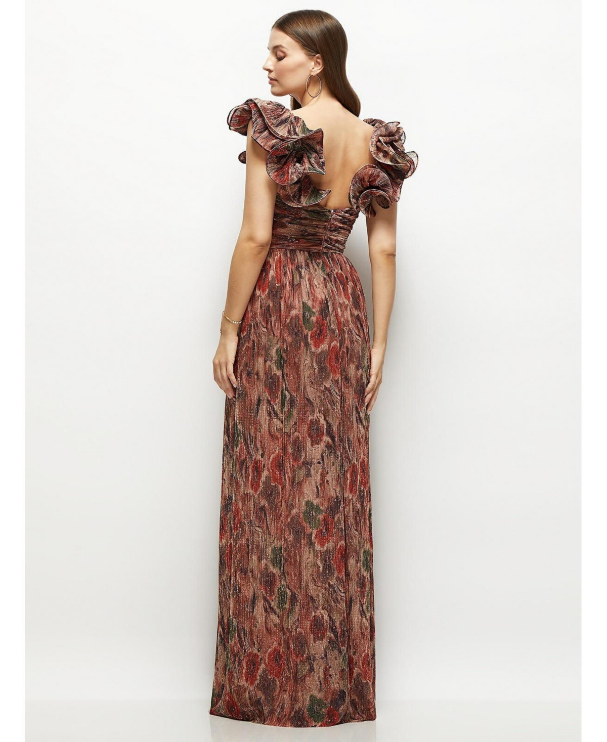 After Six Women's Dramatic Ruffle Edge Strap Fall Foral Pleated Metallic Maxi Dress