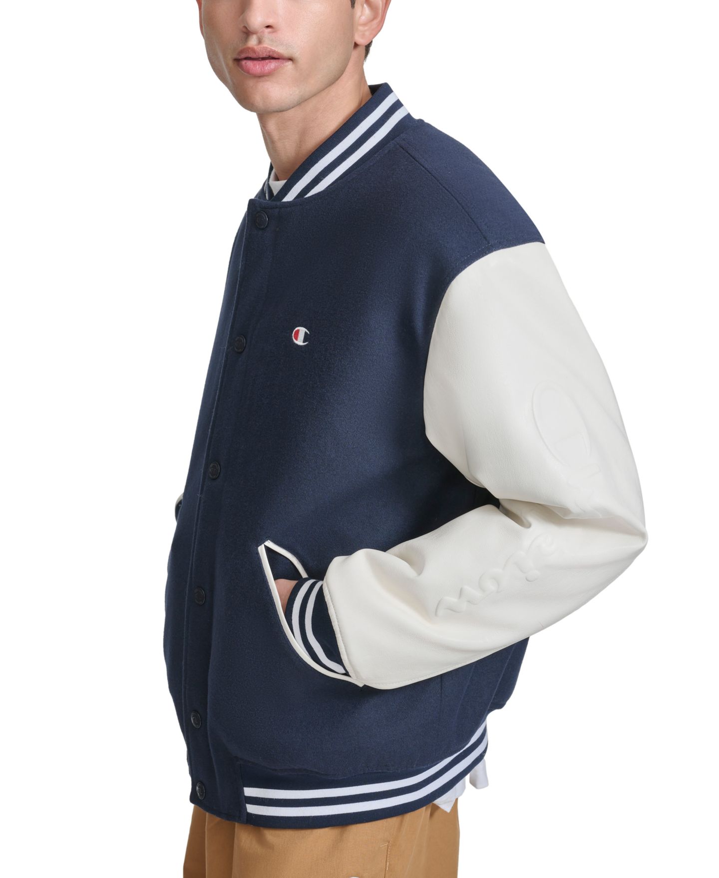 Мужская куртка Champion Colorblocked Mixed-Media Varsity, цвет: Тёмно-синий / Белый — фото 3