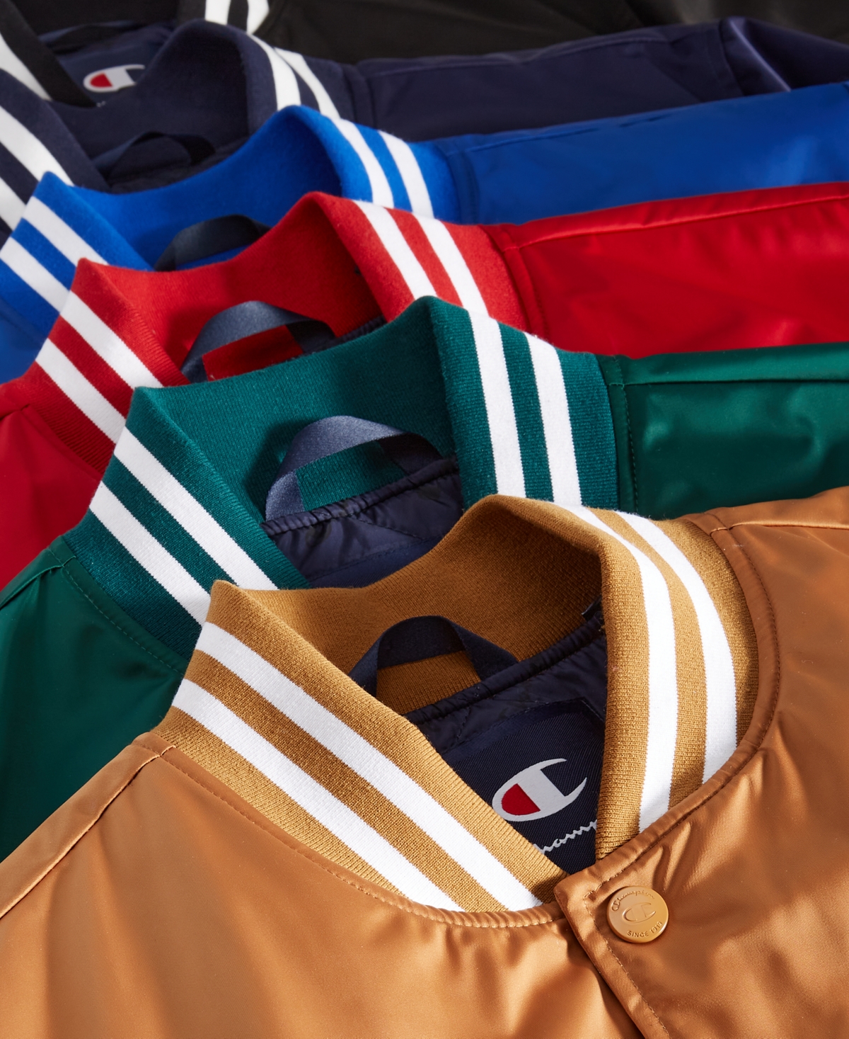 Champion Men's Classic Logo Striped-trim Varsity Jacket In Rain Forest