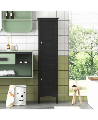 Tall Bathroom Floor Cabinet Narrow Linen Tower with 2 Doors & Adjustable Shelf