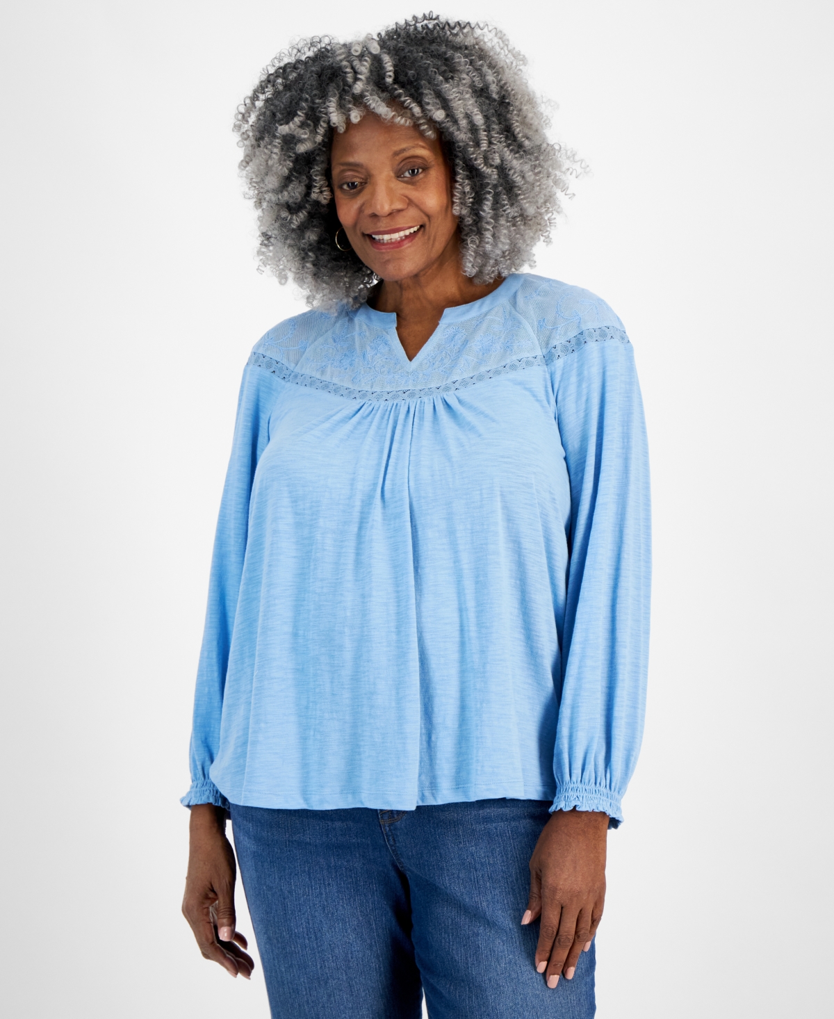 Plus Size Mesh-Trim Raglan-Sleeve Blouse, Created for Macy's - Pale Hydrangea