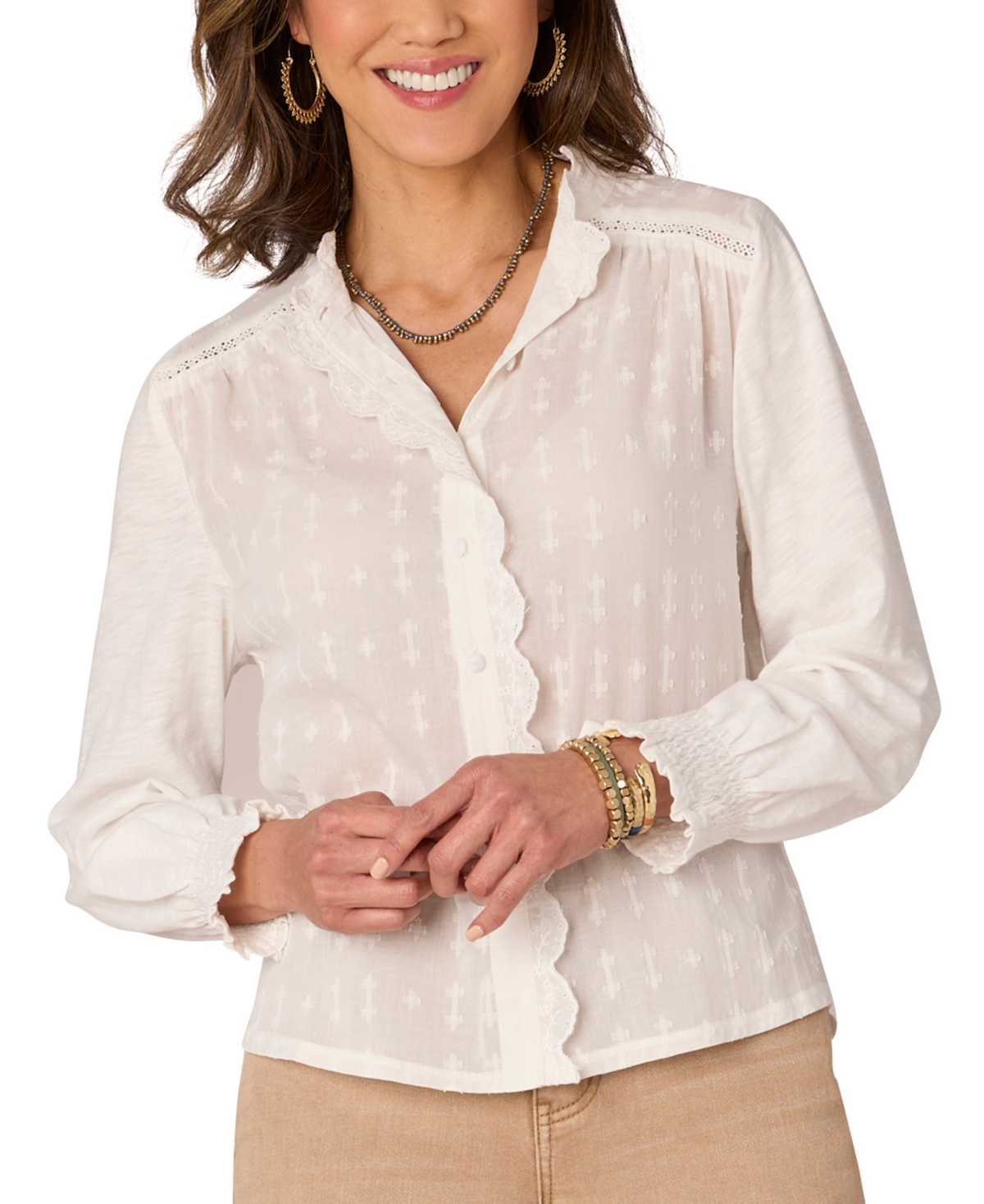 Democracy Petite Embroidered Scalloped-trim Blouse In Ofw Offwhi