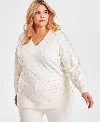 Anne Klein - Plus Size Embellished V-Neck Long-Sleeve Sweater