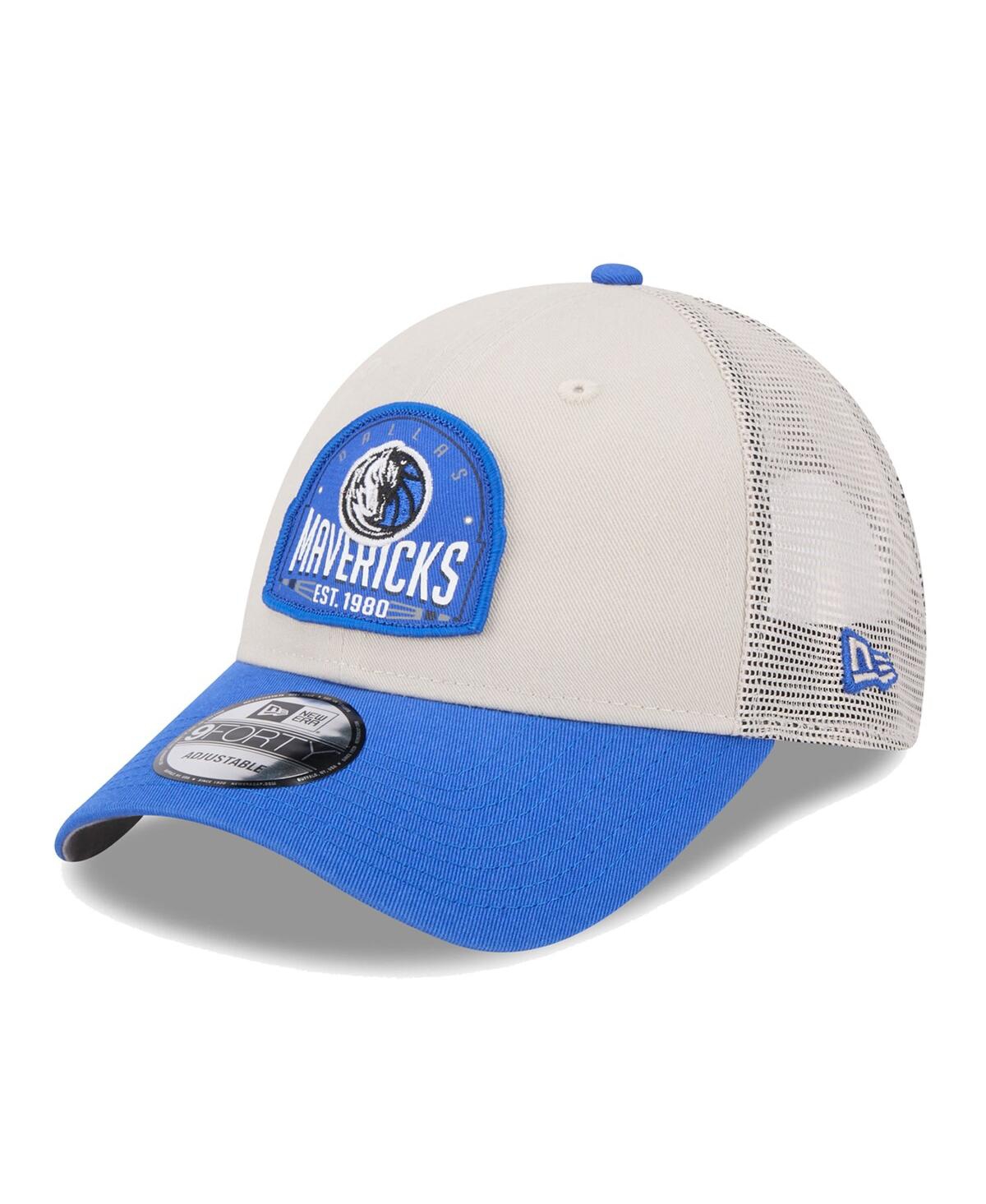 NEW ERA MEN'S KHAKI/BLUE DALLAS MAVERICKS THROWBACK PATCH TRUCKER 9FORTY ADJUSTABLE HAT 