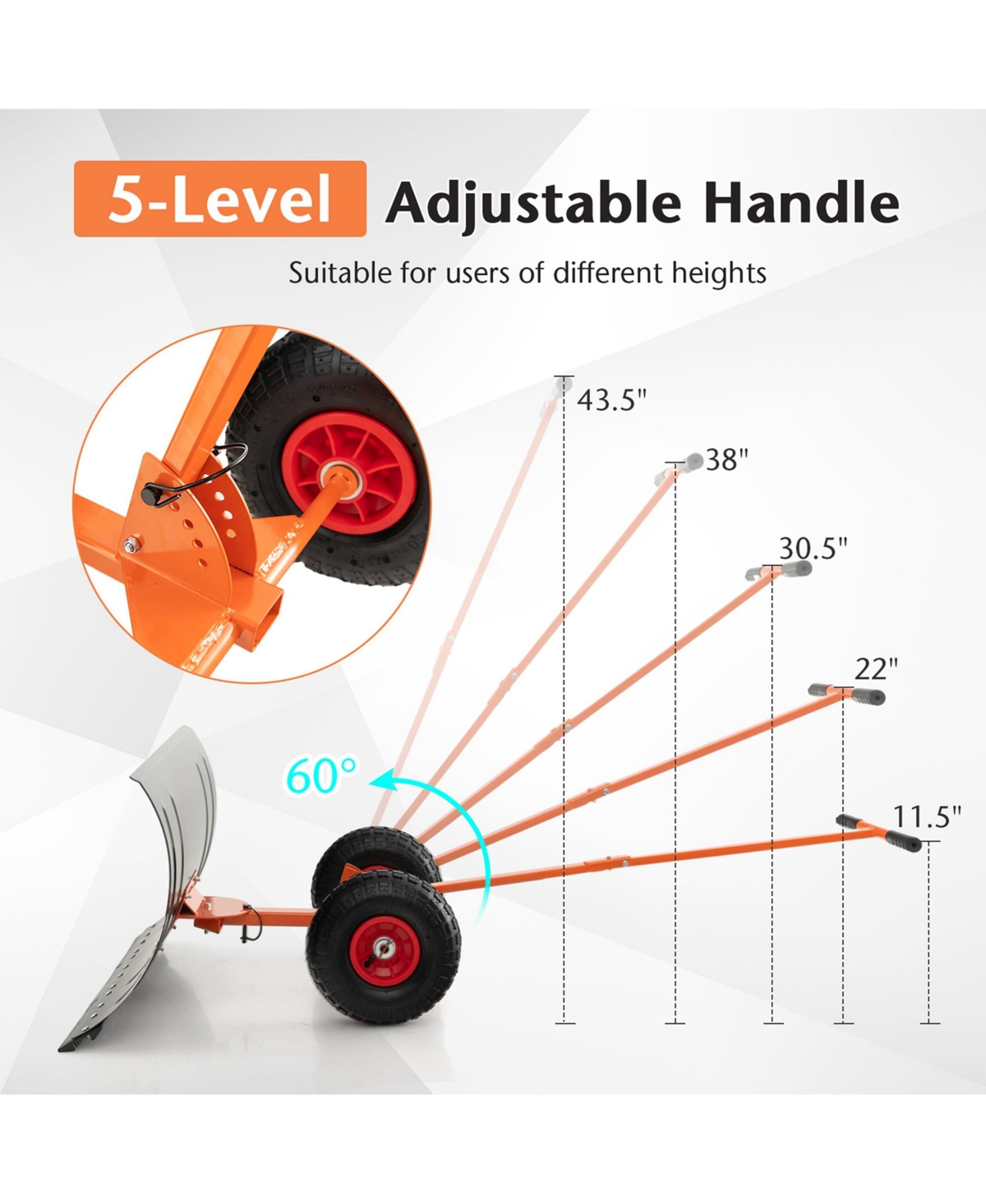 29" Snow Shovel Heavy-Duty Metal Adjustable Angle & Height Snow Clear with Wheels