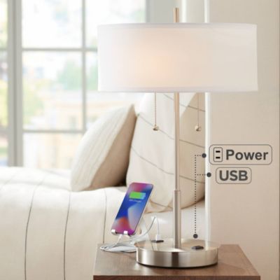 Nikola Modern Accent Table Lamp 23 3/4" High Silver with USB and AC Power Outlet in Base White Drum Shade for Bedroom Living Room Bedside
