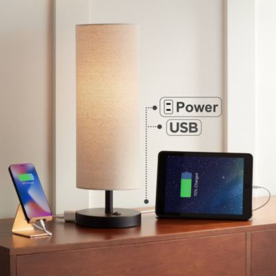 Heyburn Modern Accent Table Lamp 20" High Dark Bronze with USB and AC Power Outlet in Base Oatmeal Cylinder Shade for Bedroom Office Desk