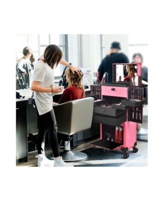 Rolling Makeup Case w/ Lights Mirror Cosmetic Aritist Studio Multi-function Pink