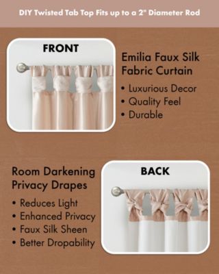 Emilia Twist Tab Lined Window Curtain Panel, Single Curtain with Privacy Lining for Bedroom and Living Room, 108 inch length Single Curtain, Width 50 length 108 inches, Pewter Window Panel