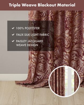 Aubrey Jacquard Room Darkening Curtains, Faux Silk Paisley for Bedroom and Living Room, 95 inch length 2 panels set, Width 50 length 95 inches, Blue/Brown Window Panel