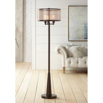 Durango Rustic Farmhouse Floor Lamp 62" Tall Oiled Bronze Metal 3 Light LED Brown Sheer Drum Shade for Living Room Bedroom Office