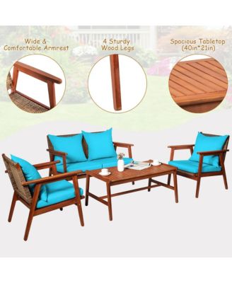 8PCS Patio Rattan Furniture Set Acacia Wood Frame Cushioned Sofa Chair Turquoise