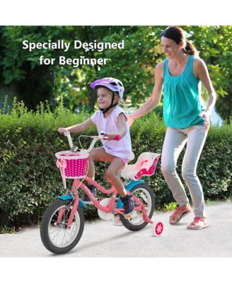 14 Inches Kids Bicycle w/ Doll Chair & Basket Kids Bike w/ Training Wheels Pink