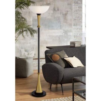 Burbank Modern Art Deco Torchiere Floor Lamp 70" Tall Black Brass Frosted White Glass Shade for Living Room Bedroom Office House