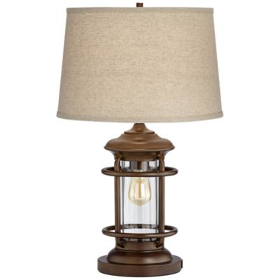 Andreas Industrial Table Lamp 26" High Brown Metal with Nightlight LED and USB Charging Port Oatmeal Shade for Living Room Desk