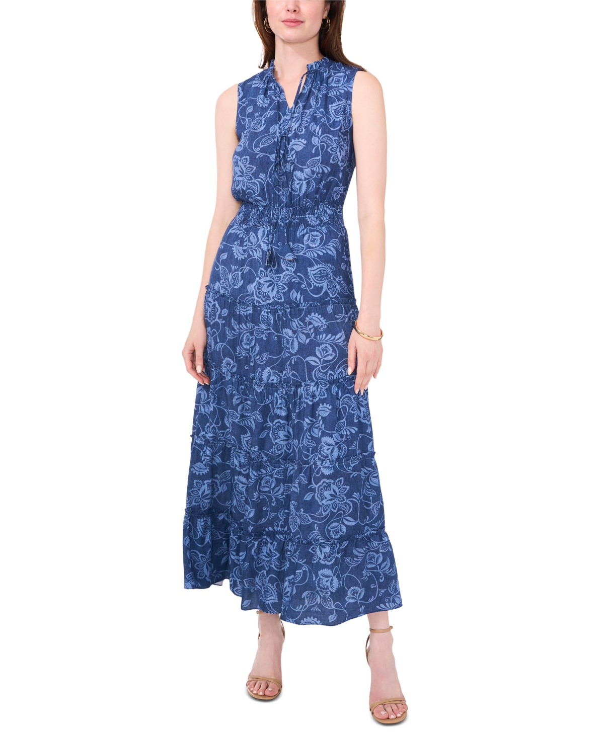 Women's Tie-Neck Smocked-Waist Tiered Maxi Dress - Denim/mult