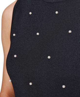 Karl Lagerfeld Women's Round-Neck Faux-Pearl Sleeveless Sweater Top