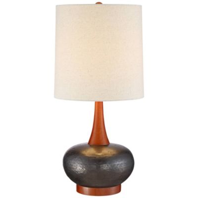 Andi Mid Century Modern Table Lamp 24.5" High Hammered Bronze Ceramic Wood Off White Tall Drum Shade for Living Room Bedroom House Bedside Nightstand Home Office (Color May Vary)