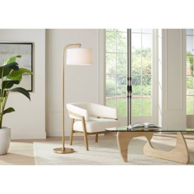 Modern Art Deco Arc Floor Lamp 64" Tall Warm Gold Metal White Fabric Drum Shade for Living Room Reading Family Bedroom Office House Home