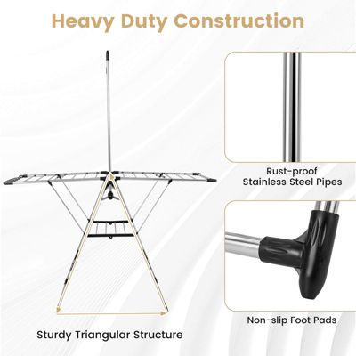 2-Layer Stainless Steel Foldable Drying Rack w/ Hanging Bar & 2 Height-adjustable Wings