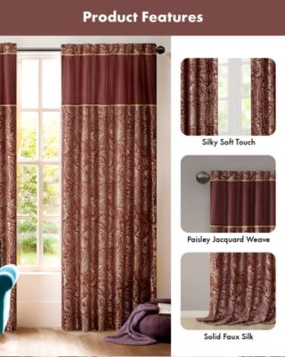 Aubrey Jacquard Room Darkening Curtains, Faux Silk Paisley for Bedroom and Living Room, 84 inch length 2 panels set, Width 50 length 84 inches, Burgundy Window Panel