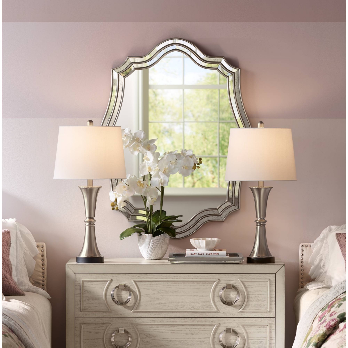 Seymore Modern Table Lamps 26" Tall Set of 2 with Usb Charging Port Silver Led Touch On Off White Drum Shade for Bedroom Living Room House Home D