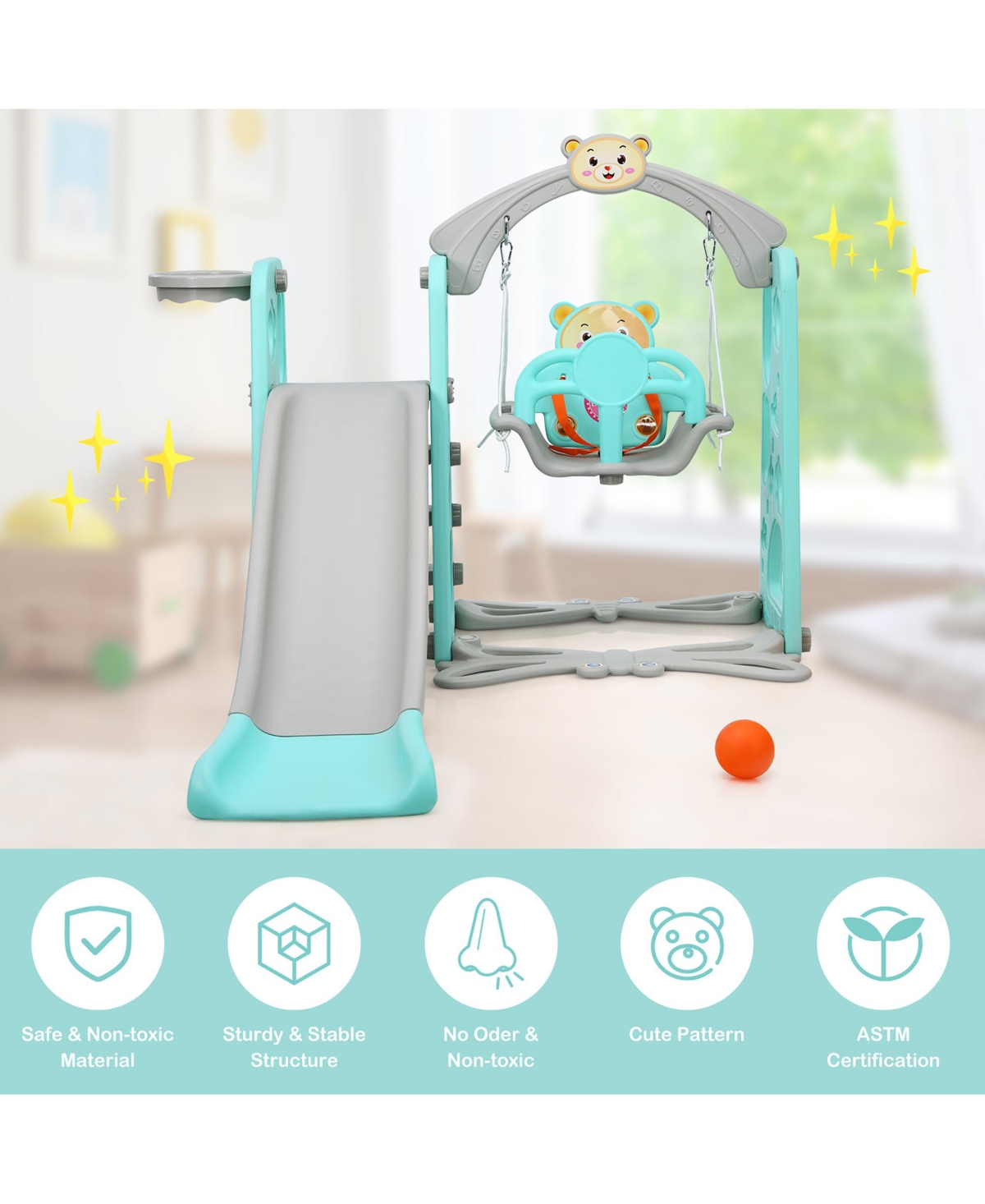 Costway 4-in-1 Toddler Climber and Swing Set w/ Basketball Hoop & Ball Pink