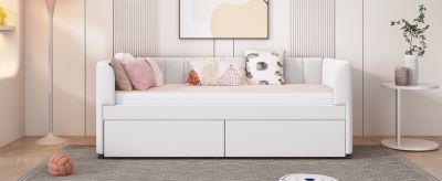 Twin Size Upholstered Daybed With Ergonomic Design Backrest And 2 Drawers