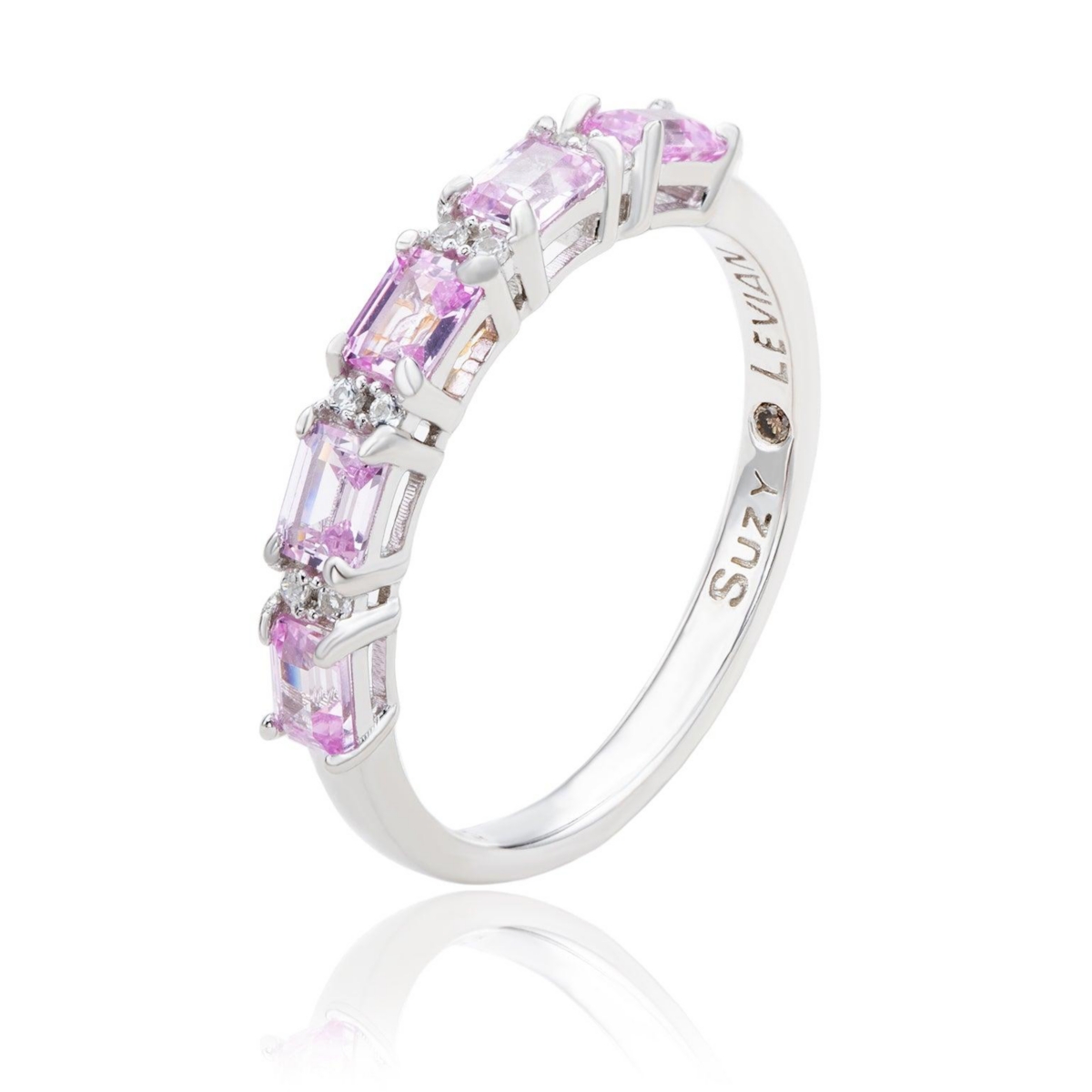 Suzy Levian Sterling Silver Sapphire & Created White Sapphire 5 Stone Emerald Cut Thin Half Band Ring - Pink sapphire