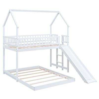 Twin Over Full House Bunk Bed With Slide And Built-In Ladder, Full-Length Guardrail