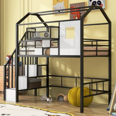 Metal Loft Bed With Roof Design And A Storage Box, Twin