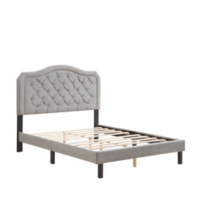 Gray Velvet Upholstered Queen Platform Bed