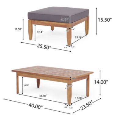  Mid-Century Modern Acacia Wood Ottoman & Coffee Table Set