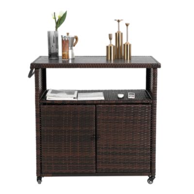 Outdoor Wicker Bar Cart with Wheels and Glass Tabletop