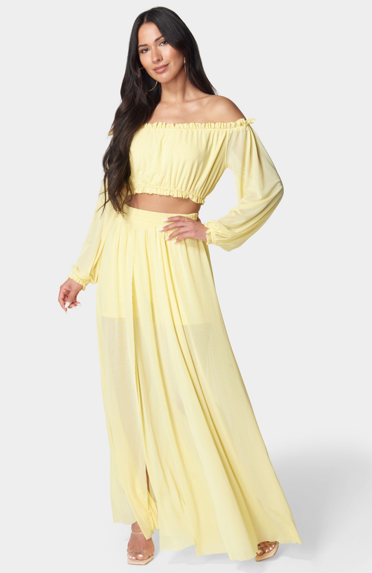 Women's High Slit Two Piece Mesh Dress - Yellow