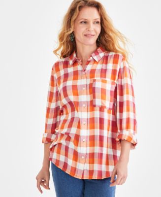売れ筋商品|||スタイルアンドコー カットソー トップス レディース Women's Plaid Button-Down Perfect Shirt, Exclusively at Macy's White Black 29533894_fpx.tif?$filterlrg$&