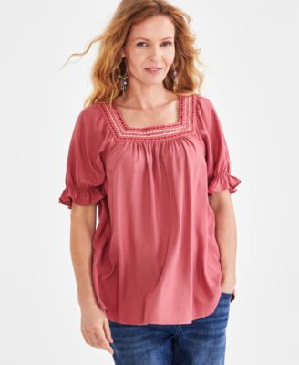 Style & Co - Women's Crochet Square-Neck Puff-Sleeve Top