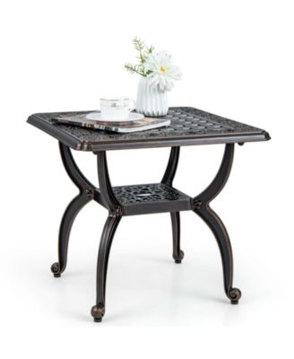 Cast Aluminum Outdoor Side Table with Storage Shelf for Garden Porch Balcony-Rustic Brown