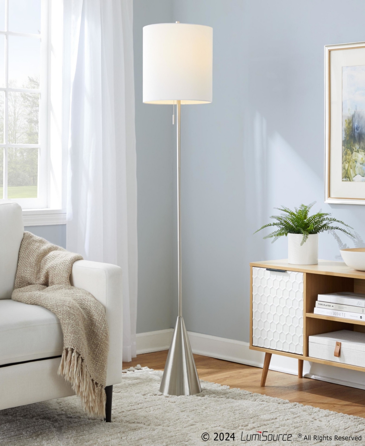 Lumisource Cone 64" Contemporary Metal Floor Lamp In Brushed Nickel,white Linen
