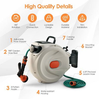 Retractable Hose Reel Wall Mounted 1/2 Inch 98 Feet Any Length Lock with Hose Nozzle