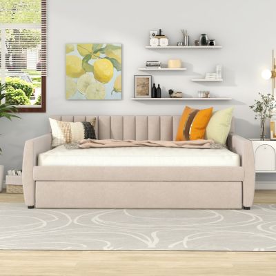 Full Size Upholstered Daybed With Trundle And Wood Slat Support