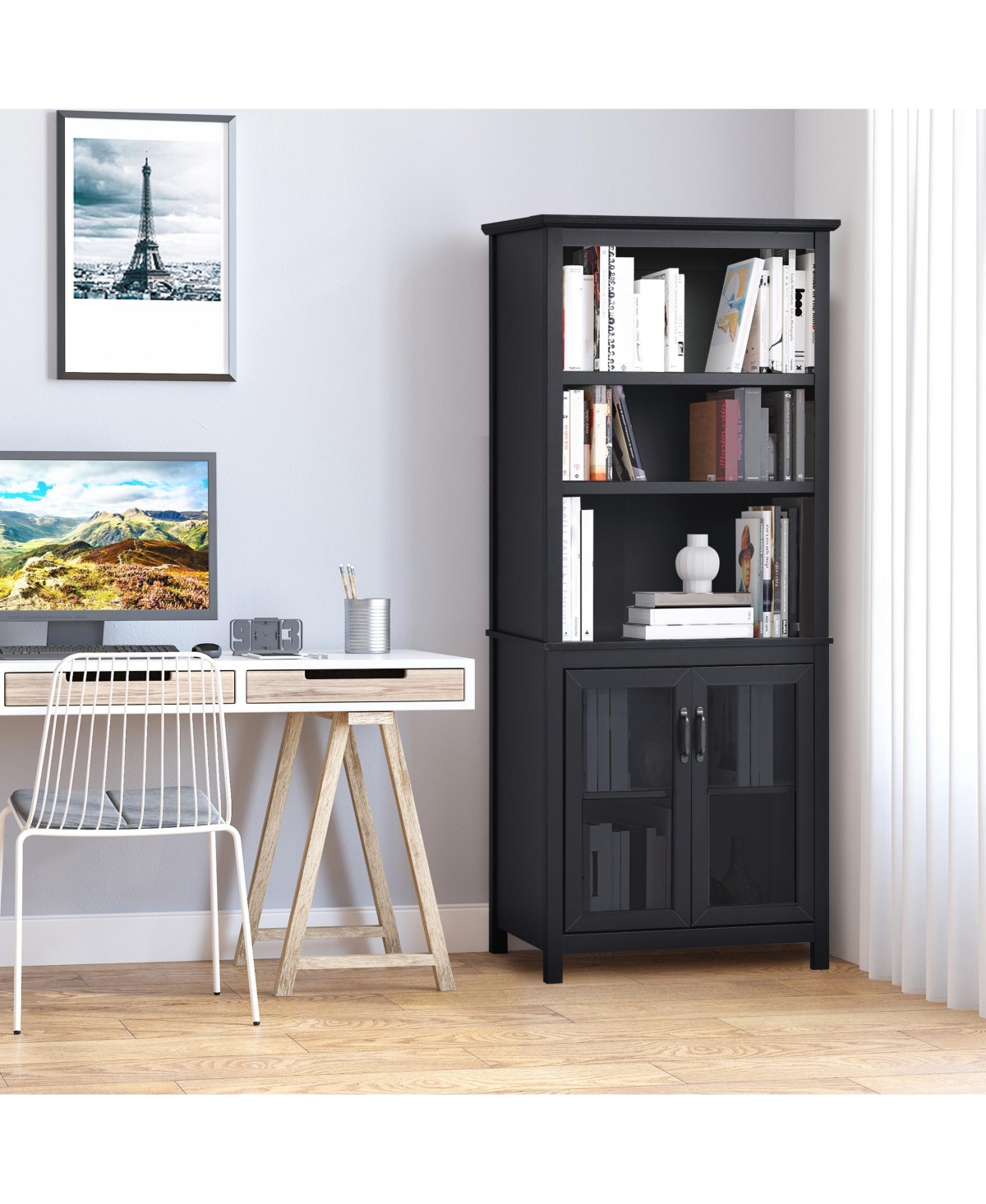 Homcom 71" Freesding Bookshelf Storage Cabinet Hutch w/ Glass Doors