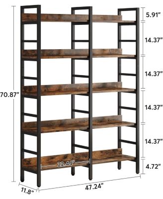 5-Tier Industrial Bookshelf, 71”H x 47”W Etagere Bookcase, Freestanding Double Wide Book Shelf for Storage and Display