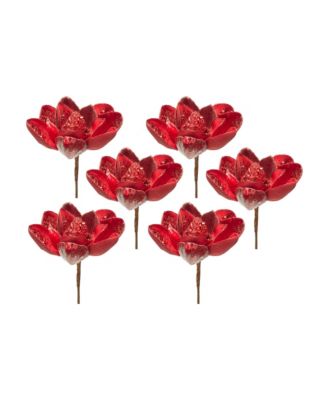 Red Velvet Magnolia Stem With Bead Accents (Set of 6)