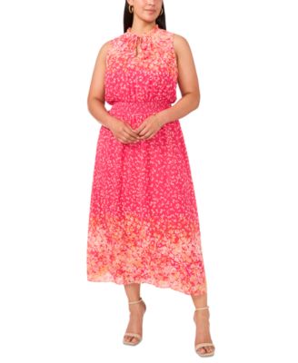 MSK - Plus Size Printed Split-Neck Smocked-Waist Dress