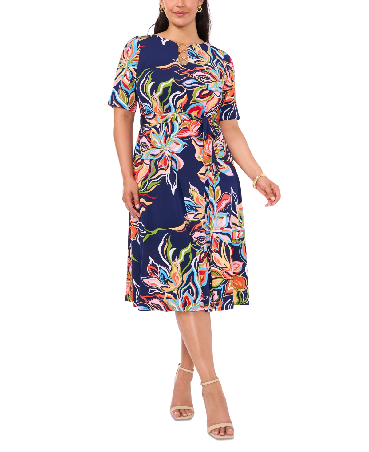 Plus Size Printed O-Ring-Neck Fit & Flare Dress - Jbs Navy 4