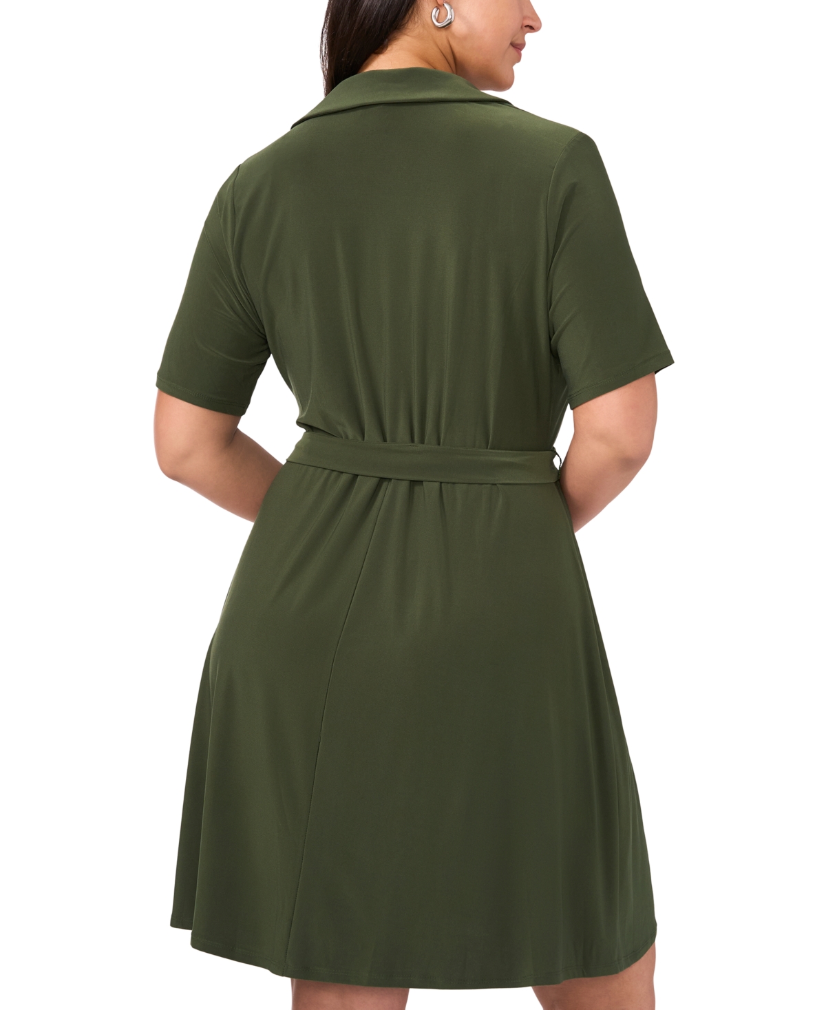 Msk Plus Size Collared-v-Neck Tie-Waist Short-Sleeve Dress