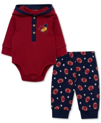 Little Me - Baby Boys Cotton Football Hooded Bodysuit & Printed Pants, 2 Piece Set